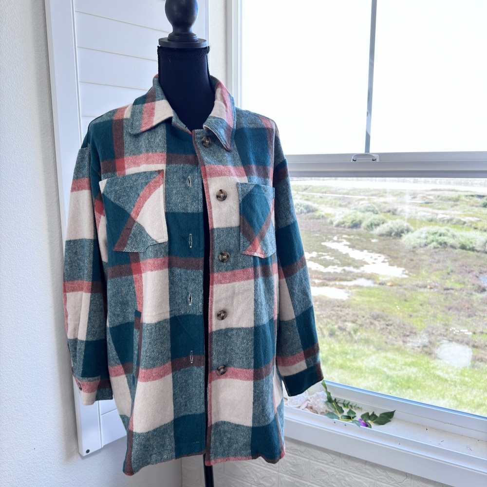 Stitch fix: VIGOSS Size: XS Oversized Teal Green Orange Plaid Shacket Flannel - Picture 9 of 15